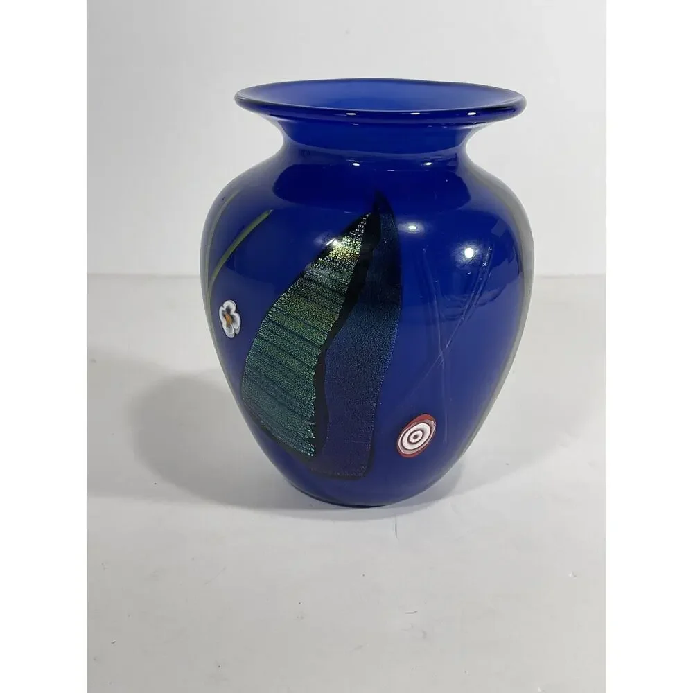 KEN & INGRID HANSON Signed Hand‎ Blown Cobalt Blue Art Glass Hand Painted Vase